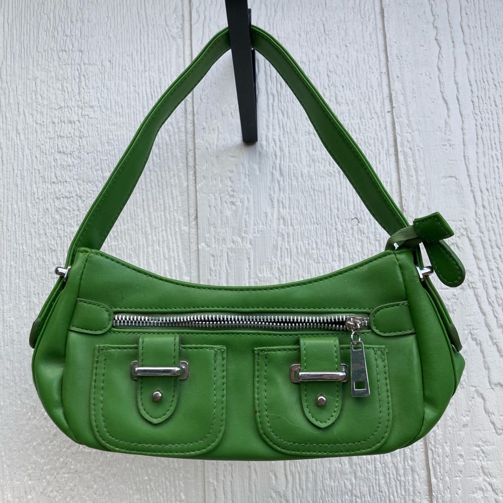 Vintage Unbranded Green Leather Handbag Purse Pockets